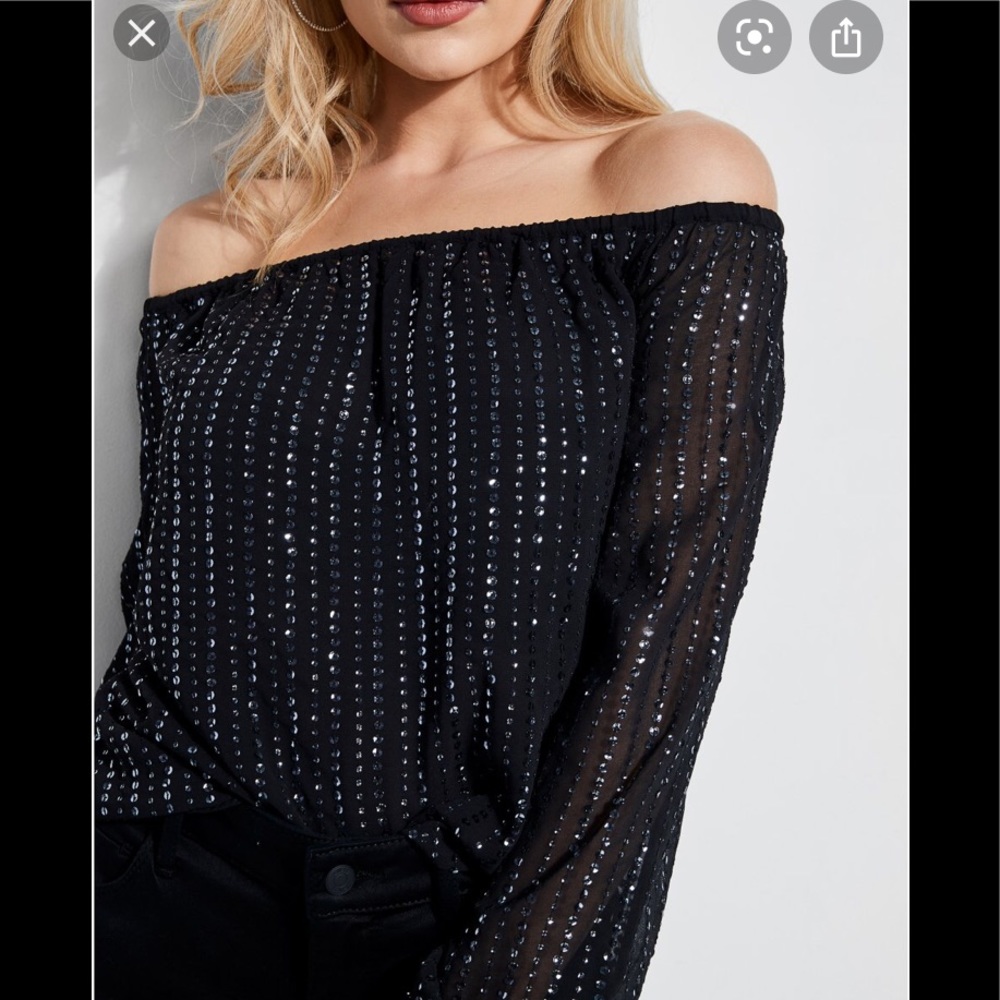 Blue shimmer off shoulder long sleeve top